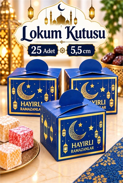 25 Li Ramazan Bayramı Küp Lokumluk 4.5x5.5 Cm Hayırlı Ramazanlar Baskılı Lacivert Konsept Dini Süsü