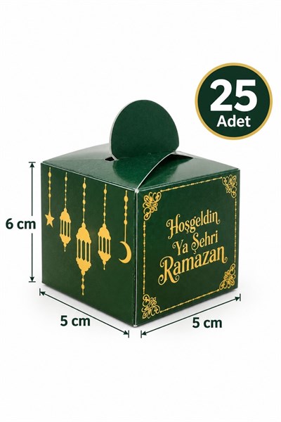 25 Li Ramazan Bayramı Küp Lokumluk 4.5x5.5 Cm Hoşgeldin Ya Şehri Ramazan Baskılı Yeşil Konsept Süsü