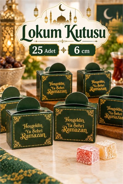 25 Li Ramazan Bayramı Küp Lokumluk 4.5x5.5 Cm Hoşgeldin Ya Şehri Ramazan Baskılı Yeşil Konsept Süsü