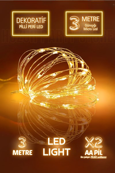 3 Metre Ramazan Bayramı Işığı Süsü Günışığı Peri Led Işık Sarı Dekoratif Pilli Ledli 3 Fonksiyonlu