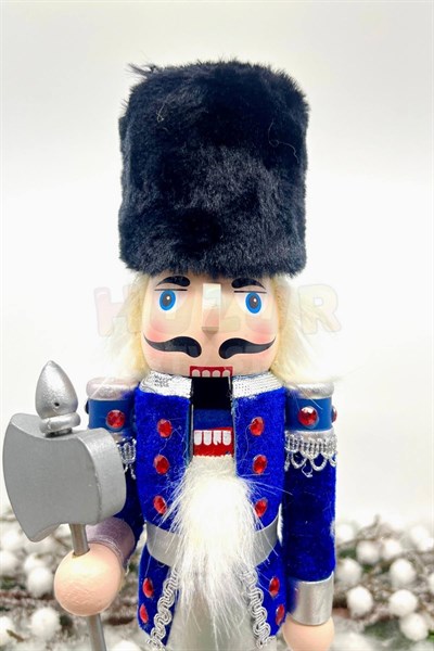 30 Cm Baltalı Fındıkkıran Lacivert Renkli Kurşun Asker Kadife Kıyafetli Nutcracker Yılbaşı Dekoru