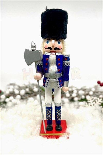 30 Cm Baltalı Fındıkkıran Lacivert Renkli Kurşun Asker Kadife Kıyafetli Nutcracker Yılbaşı Dekoru