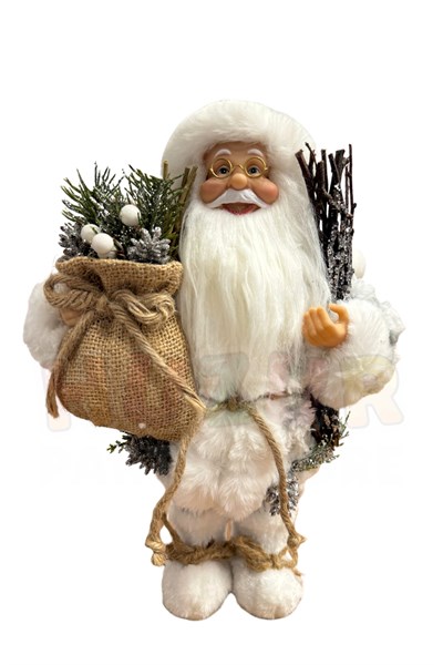 30 cm Beyaz Noel Baba Figürü Çuval ve Çam Dalı Detay Yılbaşı Yeni Yıl Ağaç Dekorasyon Hediyelik Süs