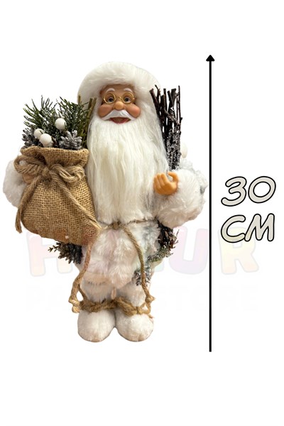 30 cm Beyaz Noel Baba Figürü Çuval ve Çam Dalı Detay Yılbaşı Yeni Yıl Ağaç Dekorasyon Hediyelik Süs