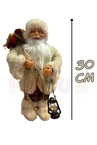 30 cm Kahverengi Noel Baba Figürü Fener ve Hediye Çuvalı Detay Yılbaşı Ağaç Dekoratif Masaüstü Süs