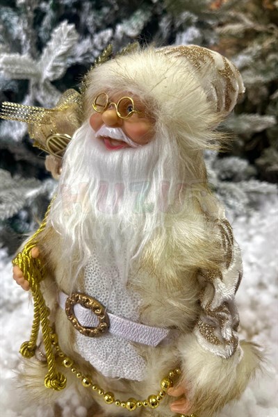 30 Cm Noel Baba Gold Beyaz Renk Dekoratif Kürklü Ayakta Durabilen Yeni Yıl Yılbaşı Süsü Dekoru