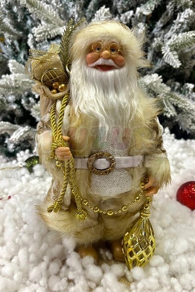 30 Cm Noel Baba Gold Beyaz Renk Dekoratif Kürklü Ayakta Durabilen Yeni Yıl Yılbaşı Süsü Dekoru