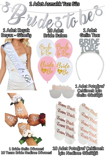 35 Parça Gümüş Bride To Be Seti Bekarlığa Veda Partisi Malzemeleri Kuşak Dövme Taç Balon Süsleri