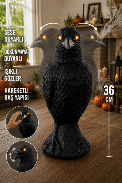 36 cm Sese Dokunmaya Duyarlı Kuzgun Karga Işıklı Gözlü Hareketli Halloween Cadılar Bayramı Figürü 