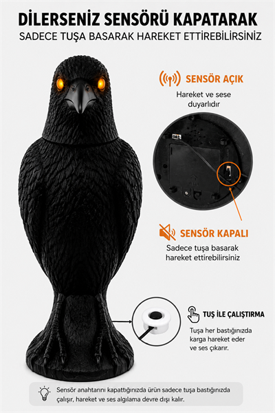 36 cm Sese Dokunmaya Duyarlı Kuzgun Karga Işıklı Gözlü Hareketli Halloween Cadılar Bayramı Figürü 