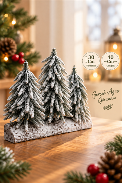 3lü Lüx Masa Çamı 40x30 Cm Karlı Gerçek Ağaç Görünümlü Yılbaşı Çam Ağacı Yeni Yıl Ağaç Dekoru