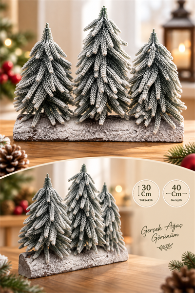 3lü Lüx Masa Çamı 40x30 Cm Karlı Gerçek Ağaç Görünümlü Yılbaşı Çam Ağacı Yeni Yıl Ağaç Dekoru