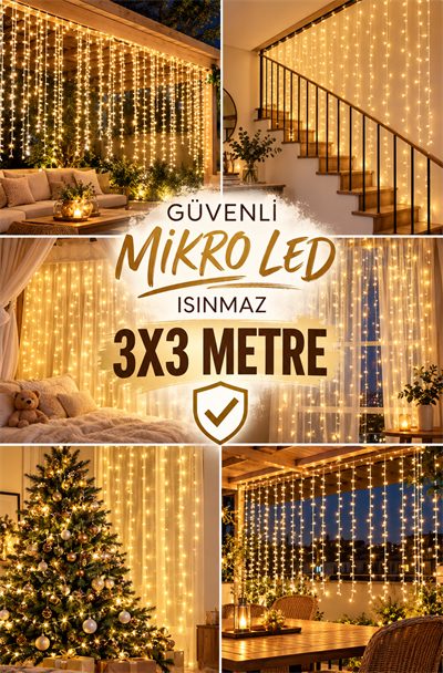 3x3 Metre Ramazan Bayramı Işığı Loş Sarı Peri Perde Led Usb Girişli Kumandalı 8 Fonksiyonlu Işık
