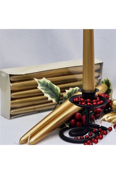 4 Adet Altın Varaklı Gold Renk Silindir Konik Şamdan Mumu Horizon Candle Sarı Konik 4lü 2x25 Cm