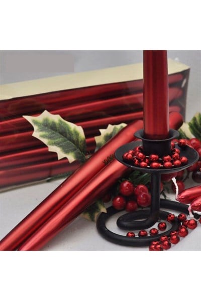 4 Adet Kırmızı Varaklı Metalik Renk Silindir Konik Şamdan Mumu Sedefli Uzun Ince Konik 4lü 2x25 Cm