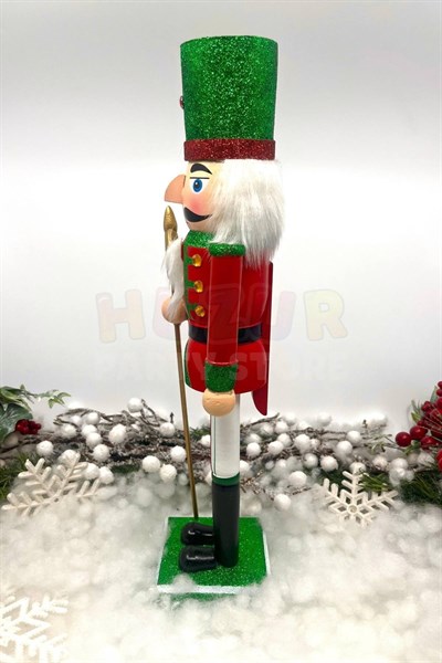 40 Cm Baltalı Fındıkkıran Yeşil Kırmızı Renkli Kurşun Asker Simli Nutcracker Yeni Yıl Yılbaşı Dekoru