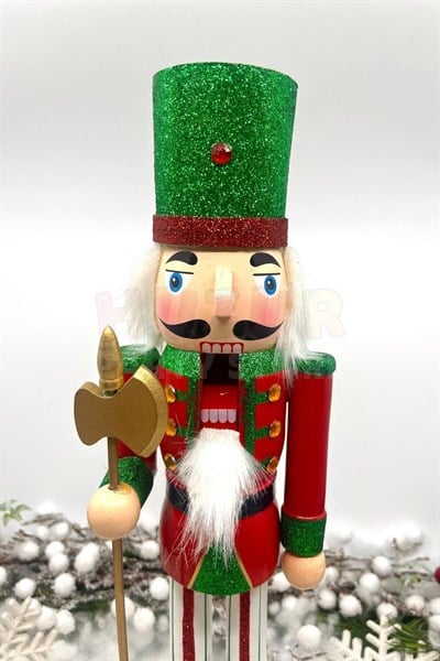 40 Cm Baltalı Fındıkkıran Yeşil Kırmızı Renkli Kurşun Asker Simli Nutcracker Yeni Yıl Yılbaşı Dekoru