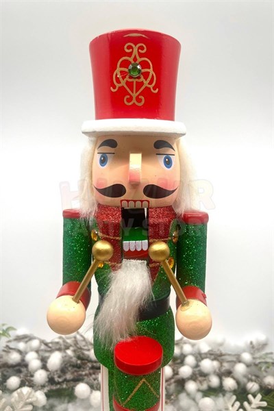 40 Cm Davullu Fındıkkıran Yeşil Kırmızı Renkli Kurşun Asker Simli Nutcracker Yeni Yıl Yılbaşı Dekoru