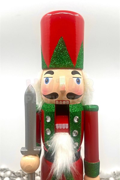 40 Cm Kılıçlı Fındıkkıran Yeşil Kırmızı Renkli Kurşun Asker Simli Nutcracker Yeni Yıl Yılbaşı Dekoru