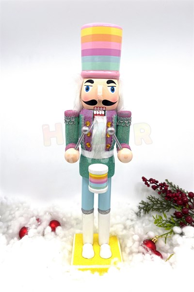 40 Cm Makaron Renkli Fındıkkıran Davullu Kurşun Asker Orijinal El Yapımı Pastel Tahta Ahşap Adam