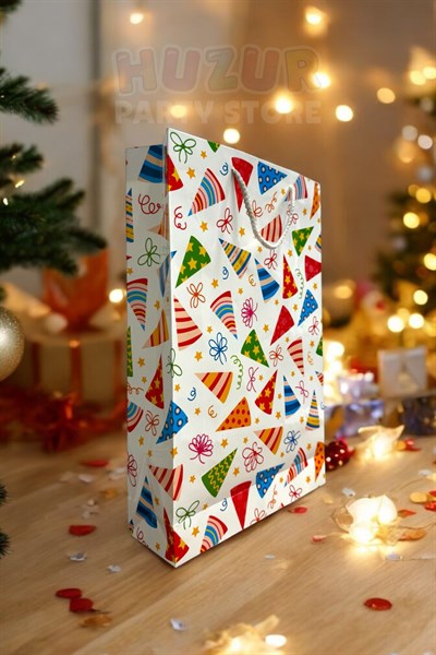 40x26 Cm Parti Şapkası Baskılı Yılbaşı Sert Hediyelik Karton Çanta I?pli Hediye Yeni Yıl Çantası