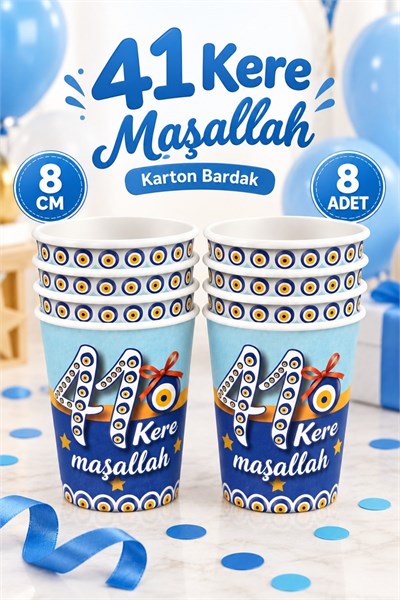 41 Kere Maşallah Yazılı Bardak Sünnetime Hoşgeldiniz Temalı 8 Adet 8.5 cm Karton Mevlüt Bardağı