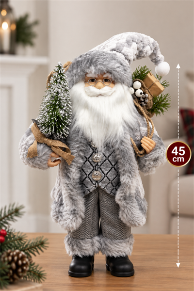 45 Cm Lüx Noel Baba Büyük Boy Gümüş Kürklü Ağaç Ve Bohçalı Ayakta Durabilen Yeni Yıl Yılbaşı Süsü