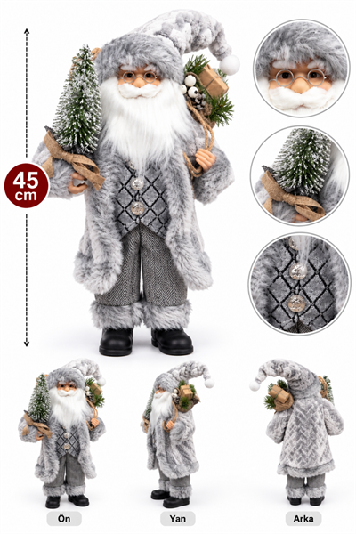 45 Cm Lüx Noel Baba Büyük Boy Gümüş Kürklü Ağaç Ve Bohçalı Ayakta Durabilen Yeni Yıl Yılbaşı Süsü