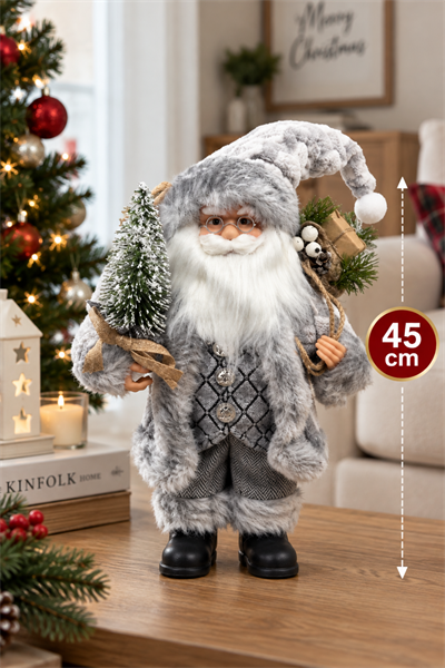 45 Cm Lüx Noel Baba Büyük Boy Gümüş Kürklü Ağaç Ve Bohçalı Ayakta Durabilen Yeni Yıl Yılbaşı Süsü
