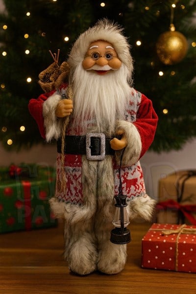 45 cm Noel Baba Figürü Geyik Desenli Kıyafet Fener ve Hediye Çuvalı Detaylı Yılbaşı Ağacı Dekor Süsü