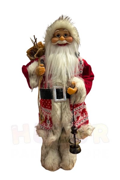 45 cm Noel Baba Figürü Geyik Desenli Kıyafet Fener ve Hediye Çuvalı Detaylı Yılbaşı Ağacı Dekor Süsü