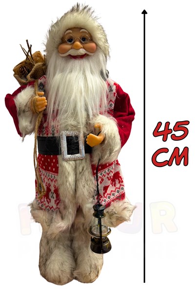 45 cm Noel Baba Figürü Geyik Desenli Kıyafet Fener ve Hediye Çuvalı Detaylı Yılbaşı Ağacı Dekor Süsü
