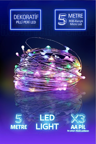 5 Metre Karışık Renkli Ramazan Bayramı Işığı Süsü Peri Led Işık Dekoratif Pilli 3 Fonksiyonlu Lamba