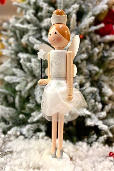 55 Cm Taçlı Melek Fındıkkıran Beyaz Renkli Yıldız Asalı Nutcracker Simli Yılbaşı Yeni Yıl Dekoru