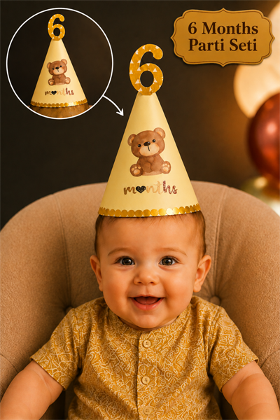 6 Ay Doğum Günü Parti Seti Happy 6 Months Banner Şapka Pasta Süsü Kürdan Süs Yarım Yaş Konsepti