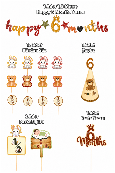 6 Ay Doğum Günü Parti Seti Happy 6 Months Banner Şapka Pasta Süsü Kürdan Süs Yarım Yaş Konsepti