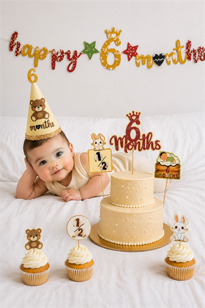 6 Ay Doğum Günü Parti Seti Happy 6 Months Banner Şapka Pasta Süsü Kürdan Süs Yarım Yaş Konsepti