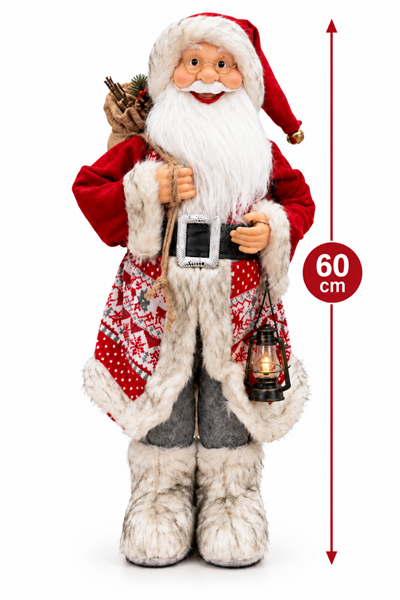 60 Cm Noel Baba Figürü Prime Seri Kırmızı Desenli Kürklü Fenerli Yılbaşı Ağacı Dekoru Yeni Yıl Süsü