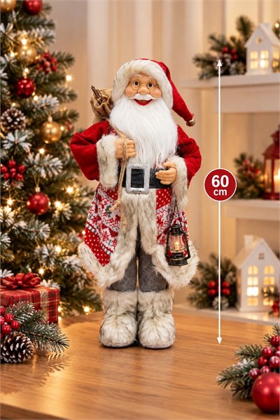 60 Cm Noel Baba Figürü Prime Seri Kırmızı Desenli Kürklü Fenerli Yılbaşı Ağacı Dekoru Yeni Yıl Süsü