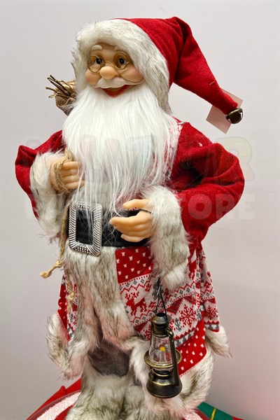 60 Cm Noel Baba Figürü Prime Seri Kırmızı Desenli Kürklü Fenerli Yılbaşı Ağacı Dekoru Yeni Yıl Süsü