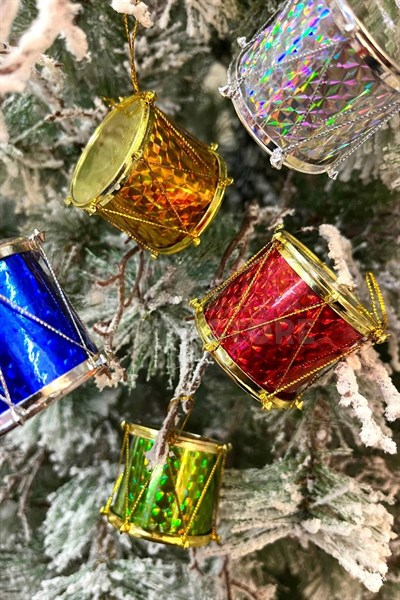 6lı 4.5 Cm Davul Süs Yılbaşı Yeni Yıl Çam Ağacı Süsü Gold Kırmızı Renk Parlak Ekoseli Desen