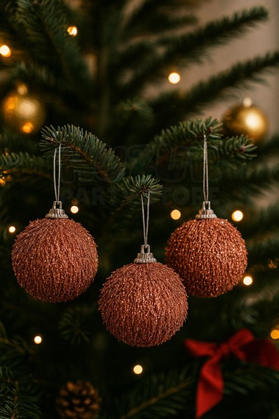 8 Cm 3lü Püsküllü Rose Gold Renk Top Yılbaşı Çam Ağacı Süsü Simli Işıltılı Lüks Yeni Yıl Ağaç Topu