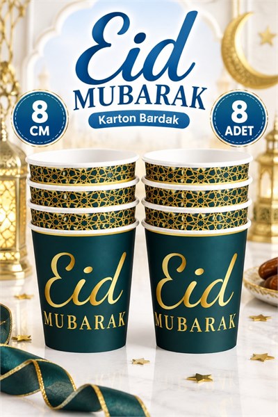 8 Li Ramazan Bayramı Karton Bardak 8x9 Cm Dayanıklı Eid Mubarak Temalı Muslim Dini Islami Süsü