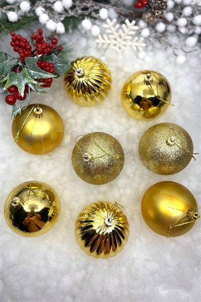 8li Gold Rengi Cici Top 8 Cm Simli Mat Parlak Kabartmalı Altın Sarısı Yılbaşı Çam Ağacı Süsü