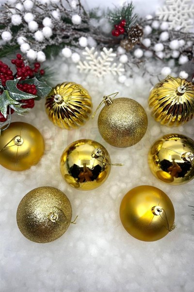 8li Gold Rengi Cici Top 8 Cm Simli Mat Parlak Kabartmalı Altın Sarısı Yılbaşı Çam Ağacı Süsü