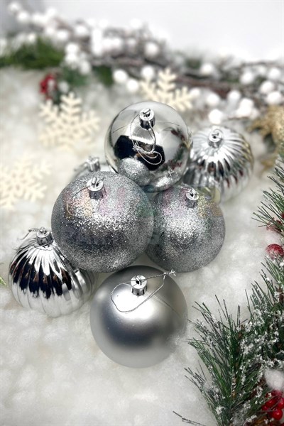 8li Gümüş Rengi Cici Top 8 Cm Simli Mat Parlak Kabartmalı Gri Silver Yılbaşı Yeni Yıl Çam Ağacı Süs