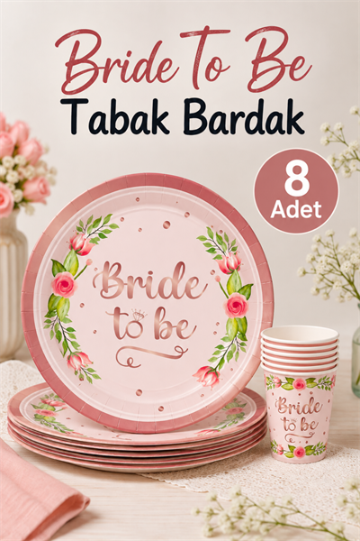 8li Tabak Bardak Seti Bride To Be Yazılı Pudra Pembe Çiçek Yüzük Detaylı Bekarlığa Veda Partisi