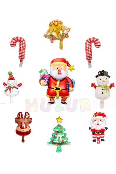 9lu Yılbaşı Folyo Balon Seti 40ar Cm Noel Baba Çam Ağaçı Çan Kardan Adam Baston Geyik Yeni Yıl Süs