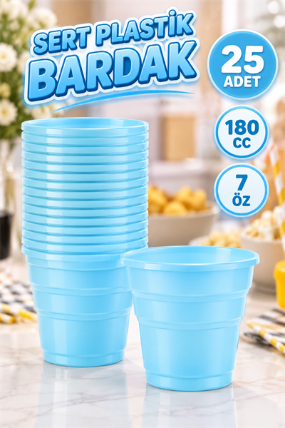 Açık Mavi Renk 25 Li Plastik Bardak 180 Cc 7 Oz Sert Doğum Günü Partisi Meşrubat Bardağı