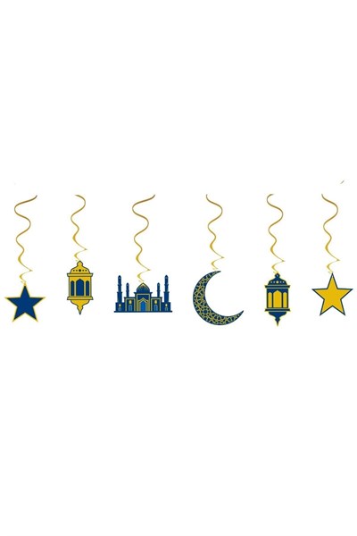 Altın Yaldızlı Ramazan Tavan Sarkıt Süsü 6lı Mahya Hilal Cami Lacivert Konsept Dini Bayram Süsü